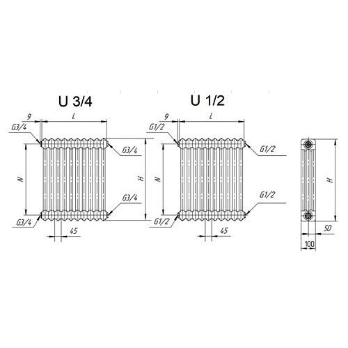 Стальной трубчатый радиатор отопления VELAR 3057 U 16 секций боковое подключение RAL 9016
