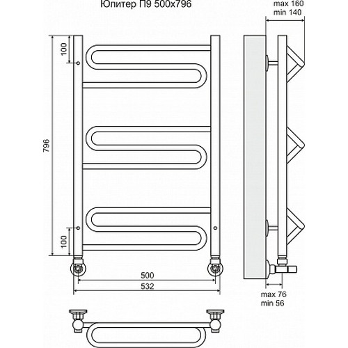 Водяной полотенцесушитель Terminus "Юпитер" П9 500х796