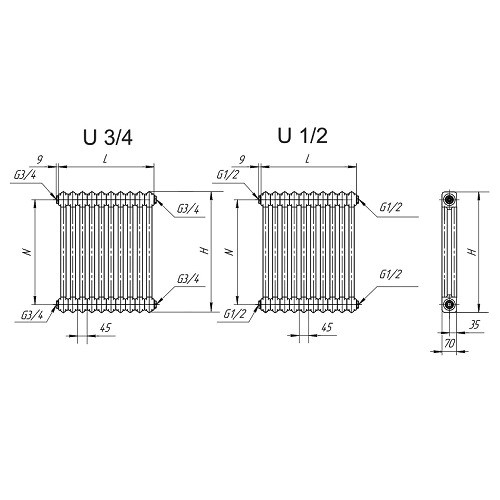 Стальной трубчатый радиатор отопления VELAR 2037 U 26 секций боковое подключение RAL 9016